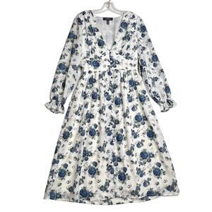 ModCloth Long Sleeve V Neck Floral Maxi Dress White Blue Womens Medium